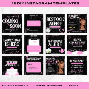 12 Social Media Instagram-Vorlagen für kleine Unternehmen | Canva Neue Business Produkteinführung Post | Rosa-Schwarz-Poster für Haare, Make-up, Nails, Beauty