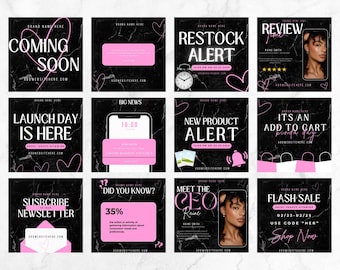 12 Social Media Instagram Templates For Small Business | Canva New Business Launch Post | Pink Black Post for Hair, Makeup, Nail, Beauty