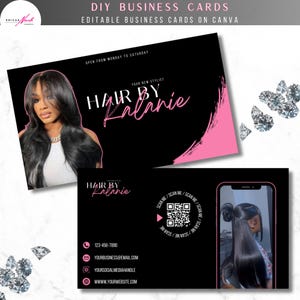 Cartes de visite noir et rose, modifiables sur toile, coiffeur, salon de coiffure, perruque, tresse, code QR, modèle girly