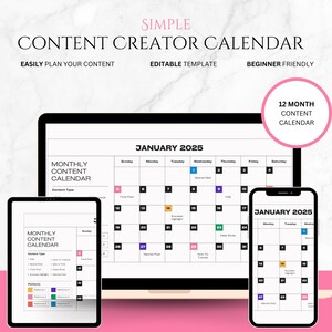 Op de afbeelding: Een digitale contentkalender-sjabloon voor het plannen van social media-berichten. De kalender is voor januari 2025 en bevat een maandelijkse contentkalender, contenttype en kleurgecodeerde categorieën. De sjabloon wordt weergegeven op een laptop, tablet en smartphone.