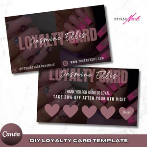 Tarjeta de fidelidad DIY para empresas, plantilla de tarjeta de fidelidad prefabricada, diseño de tarjeta de fidelidad, peluquero, técnico de pestañas, técnico de uñas, Canva