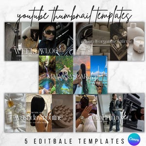 May include: Five YouTube thumbnail templates with text overlays. The templates feature a variety of images, including a woman in a car, a woman with long hair, a woman with a hair brush, a woman in a bathroom, and a woman in a kitchen.