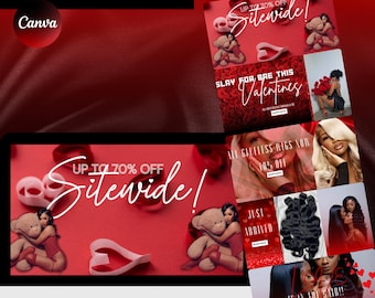 May include: Five website banners with a Valentine's Day theme. The banners feature red hearts, teddy bears, and text that says "Up to 70% off sitewide!" and "Slay for Bae this Valentines".