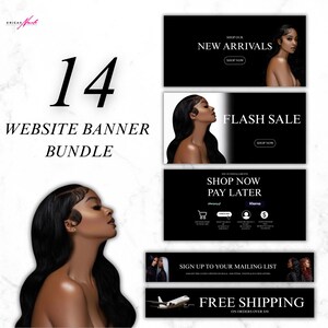 May include: A set of 14 website banner designs featuring a woman with long black hair. The banners include text such as "New Arrivals", "Flash Sale", "Shop Now Pay Later", "Sign Up To Your Mailing List", and "Free Shipping".