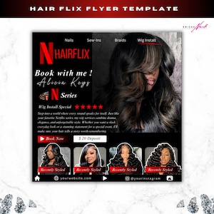 Puede incluir: Un folleto en blanco y negro que anuncia servicios de instalación de pelucas. El folleto presenta el texto "HAIR FLIX FLYER TEMPLATE", "HAIRFLIX" y "Book with me! Alicia Keys". Incluye imágenes de pelucas peinadas y un llamado a la acción.