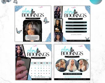May include: Four editable flyers for April bookings with a blue and white glitter background. The flyers feature a calendar, a phone screen with a message, and photos of women with long hair. The text on the flyers says "April Bookings" and "Book Now at YourBookingSite.com".