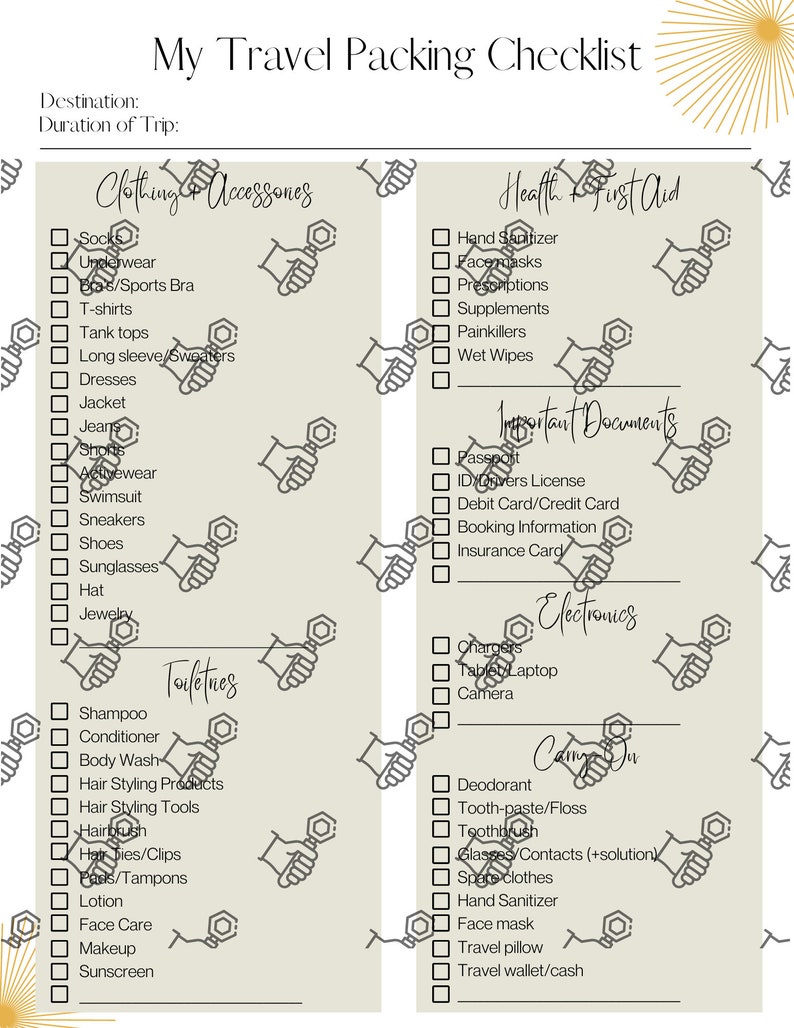 Travel Checklist Packing List Printable Vacation Planner PDF 2 Pages ...
