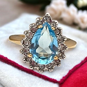 Vintage Ring Aquamarine Austrian Crystal Ring 18K Yellow Gold Electroplated Cocktail Ring