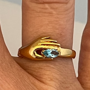 Vintage Ring Victorian Hand With Blue Crystal 14K Yellow Gold Electroplated Ring