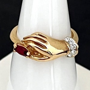 Vintage Ring Victorian Style Hand Holding Red Crystal Ring 14K Gold Electroplate Crystal Accents Cocktail Ring