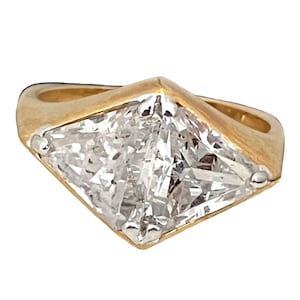Anel vintage de zircônia cúbica em ouro amarelo 14K galvanizado, anel de coquetel retrô dos anos 1980 14U