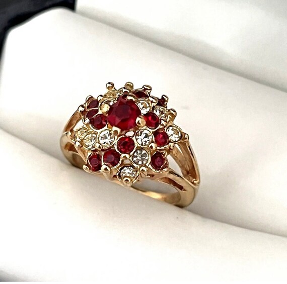 Vintage Ring Red and Clear Crystal Cocktail Ring … - image 3