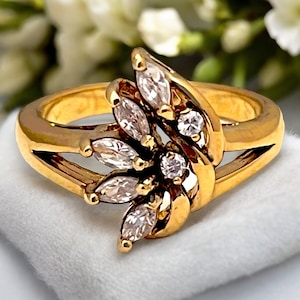 Anel vintage de zircônia cúbica 14K ouro amarelo e branco galvanizado anel de coquetel anos 80