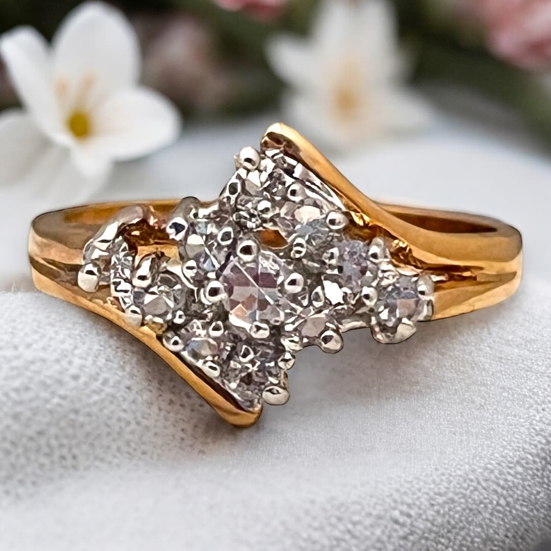 Vintage Ring Cubic Zirconia 14K Yellow and White Gold Electroplate ...