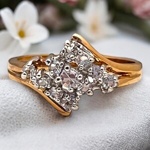 Anel vintage de zircônia cúbica 14K ouro amarelo e branco galvanizado anel de coquetel anos 80