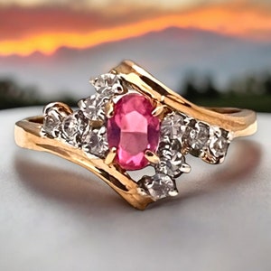 Vintage Ring Pink Austrian Crystal With Clear Cubic Zirconia Accents 14K Gold Electroplate 1980s Cocktail Ring