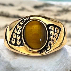 Vintage Tiger&#39;s Eye Ring 14K Gold Plate Gold Electroplate Uncas Gent&#39;s Ring Men&#39;s Retro