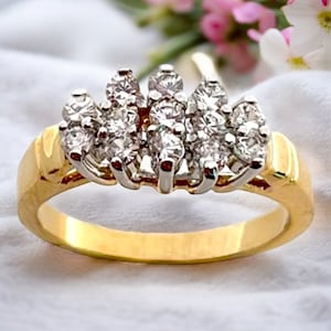 Anel vintage de zircônia cúbica 14K ouro amarelo e branco galvanizado anel de coquetel anos 80
