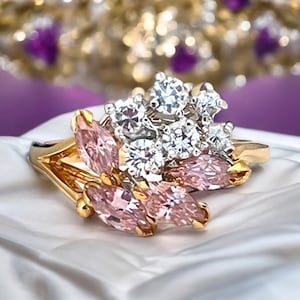 Vintage Ring Pink And Clear Cubic Zirconia Stones Cluster Design 14K Gold Electroplate 1980s Cocktail Ring