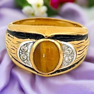 Vintage Tiger&#39;s Eye Ring With Crystal Accents 14K Gold Plate Gold Electroplate Uncas Gent&#39;s Ring Men&#39;s Retro