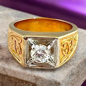 Vintage Ring Mid-Century Mason Symbol Freemason 14K Gold Electroplate Men&#39;s Ring