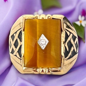 Vintage Uncas Tiger&#39;s Eye Ring Art Deco Design 14K Gold Plate Gold Electroplate Art Deco Design