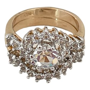 Vintage Wedding Ring Set Clear Cubic Zirconia Stones Two Tone 14K Gold Plated Bridal Ring Set