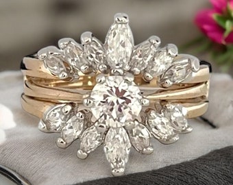 Vintage Wedding Ring Set Clear Cubic Zirconia Stones 14K Gold Electroplate Bridal Ring Set