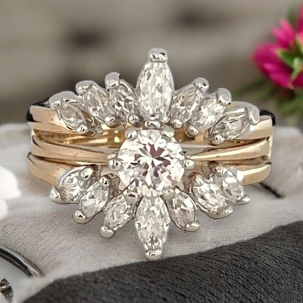 Vintage Wedding Ring Set Clear Cubic Zirconia Stones 14K Gold Electroplate Bridal Ring Set