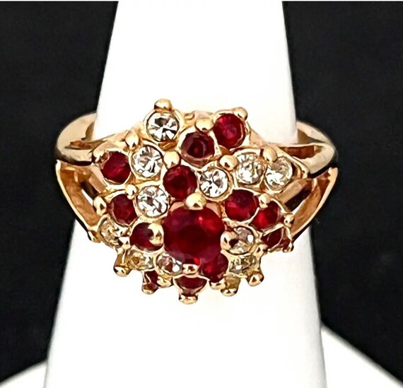 Vintage Ring Red and Clear Crystal Cocktail Ring … - image 1