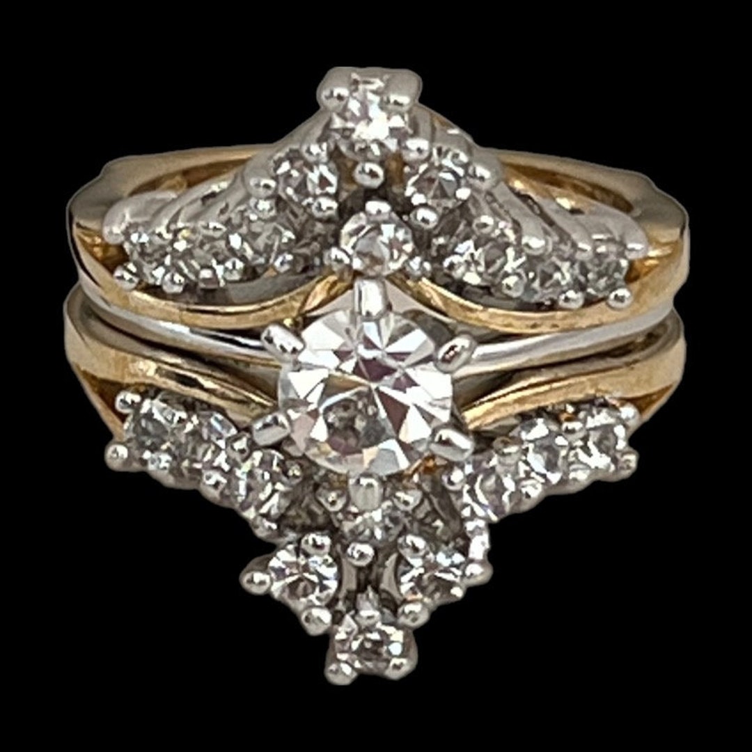 Vintage Wedding Ring Set Clear Cubic Zirconia Stones Two Tone 14K Gold