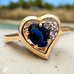Vintage Ring Sapphire Blue Austrian Crystal With Accents In a Heart Setting 14K Gold Electroplate Cocktail Ring
