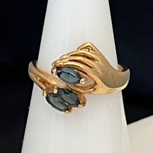 Vintage Ring Victorian Hand With Blue Crystal 14K Yellow Gold Electroplated Ring
