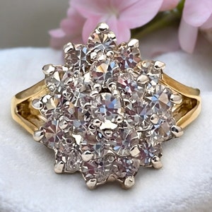 Anel Vintage Cubic Zirconia Cluster Ouro Amarelo e Branco 14K Galvanizado