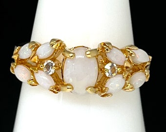 Vintage 1980s Ring Opal Cabochon With Crystal Accents 14K Gold Plate Cocktail Ring 14M