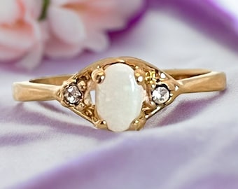 Vintage Ring Genuine Opal Cabochon With Crystal Accents 14K Electroplate Cocktail Ring 1980s 14M