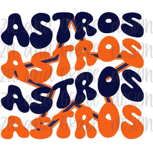 Könnte beinhalten: Grafisches Design mit dem Wort "ASTROS" in einem sich wiederholenden Muster. Die Buchstaben sind in einer fetten, abgerundeten Schrift in Marineblau und Orange gehalten. Hinter dem Wort befindet sich eine sternförmige Form in Marineblau und Orange.