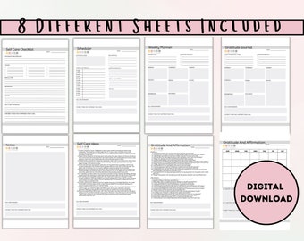 May include: Eight printable digital planner sheets for self-care and gratitude journaling. The sheets include a self-care checklist, scheduler, weekly planner, gratitude journal, self-care ideas, and two gratitude and affirmation sheets.