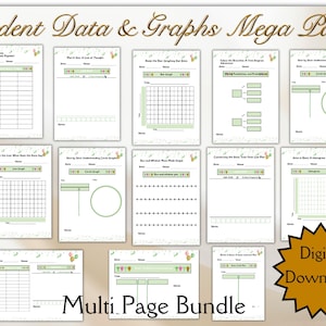May include: A collection of printable worksheets titled "Student Data & Graphs Mega Pack." The worksheets feature various graph types, including bar graphs, line graphs, and circle graphs. The bundle includes a "Digital Download" graphic and the words "Multi Page Bundle."