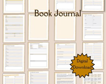 May include: A printable digital download of a book journal with pages for logging books read, weekly progress, vocabulary building, wish lists, and book club organization. The pages are beige with black text and lines.