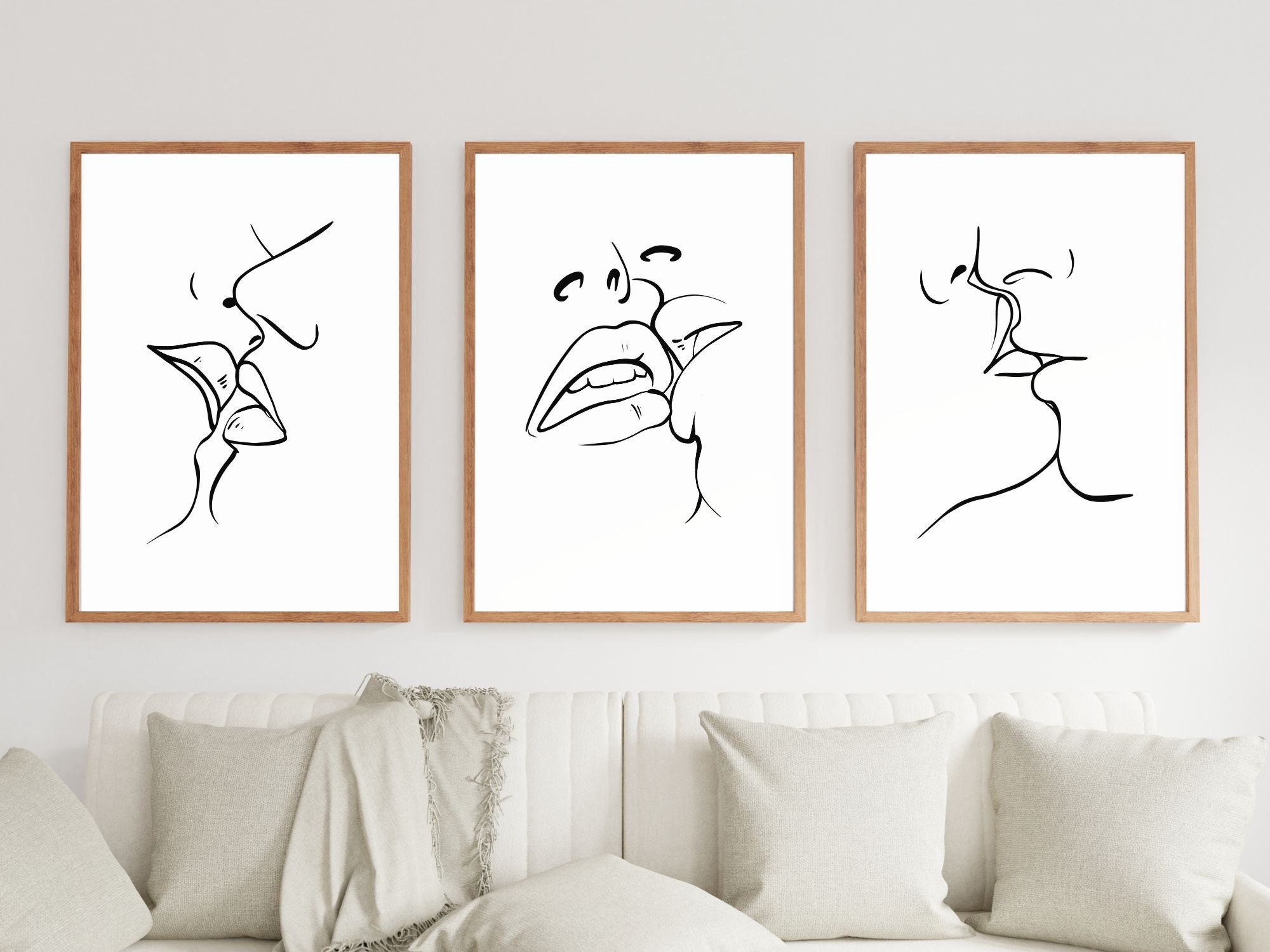 Minimalist Romantic Kiss Gallery Wall Line Art Kissing Lips Line
