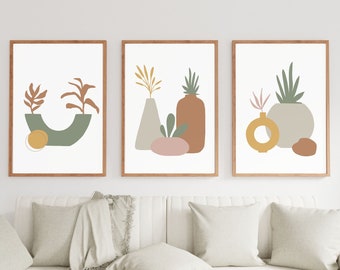 Boho Plants and Vases Set of 3 Printable Wall Art Boho Botanicals Succulent Decor Minimalist Modern Neutral Aesthetic, Beige Grey Green Gold