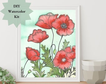 Poppy Watercolor Painting Kit, Adult Painting Coloring page, Poppies, Watercolor gift sets, Beginner watercolor