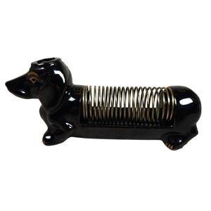 Organizador de mesa vintage preto dourado para dachshund, porta-lápis e letras, em cerâmica MCM
