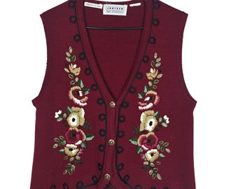 Vintage Dark Green Embroidered Flowers Vest Sweater Vest Women's
