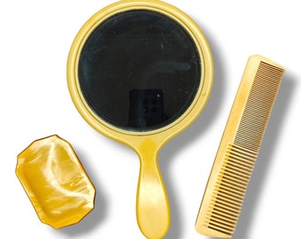Vintage Celluloid Vanity Beveled Handheld Mirror Comb Box Set Yellow Round 10.5"