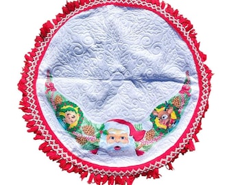 Vintage Filz Rock Nikolaus Weihnachtsbaum Runde Fransen Rot & Weiß Urlaub Dekor