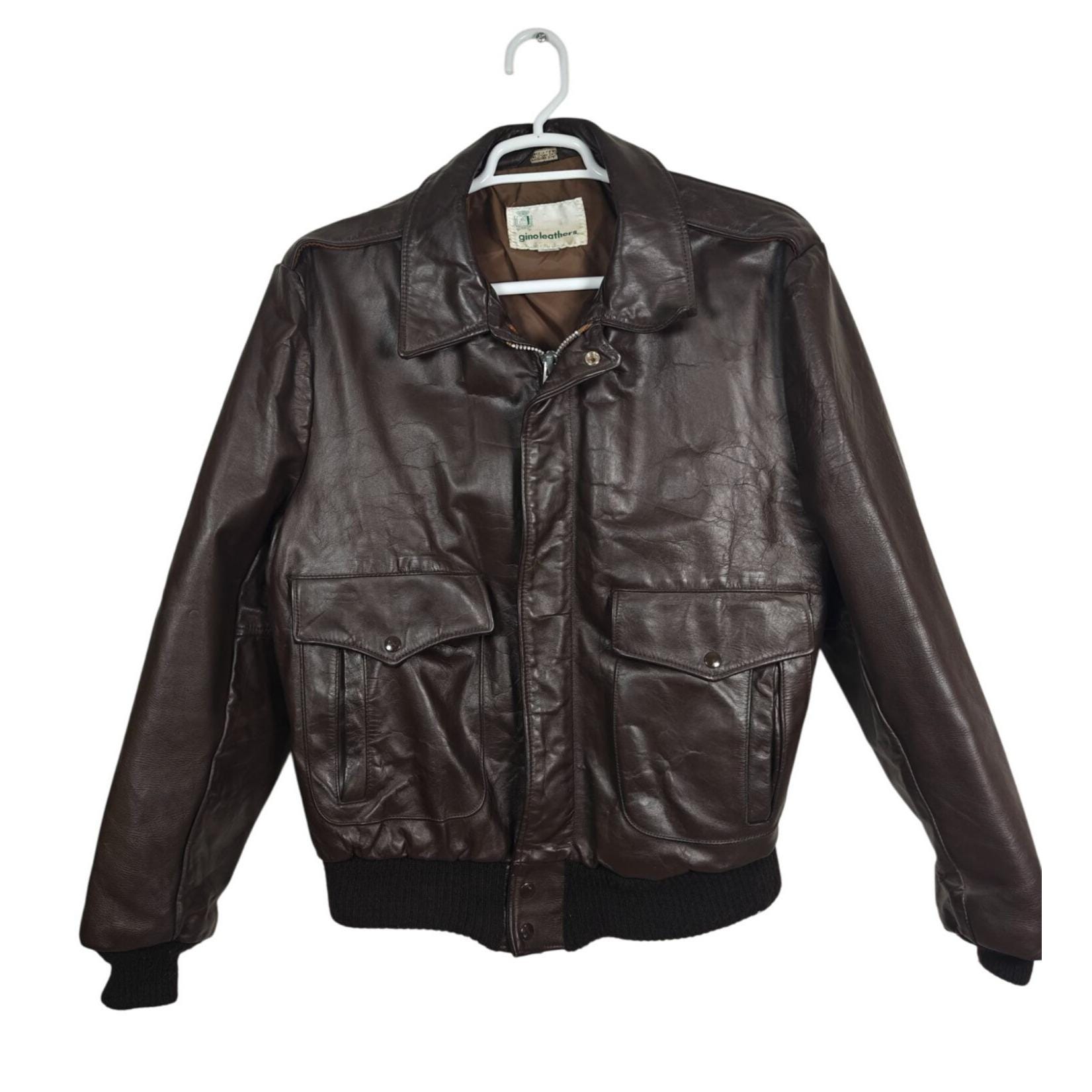Vintage Gino Leathers Brown Genuine Leather Bomber Flight Jacket
