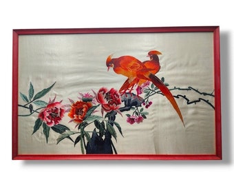 Broderie en soie oiseaux fleurs arbre image encadrée chinois japonais 22 "x 14" S2