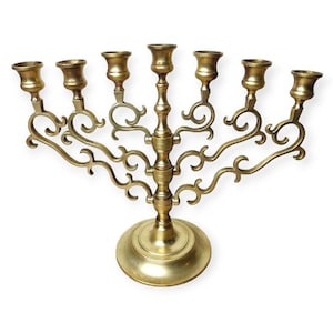 Large Vintage Brass Temple Synagogue Menorah 7 Scrolling Branches 13x16 Judaica